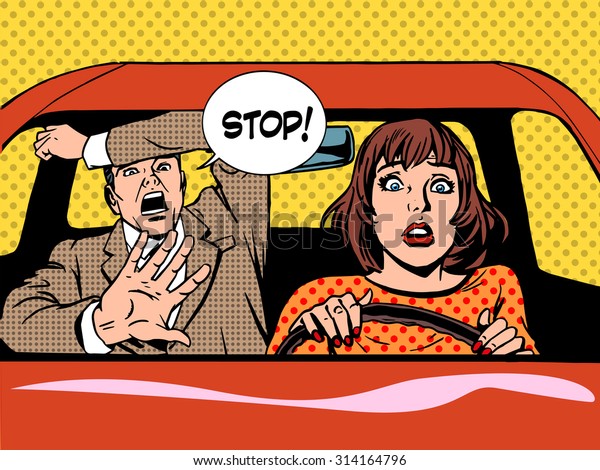 woman driver driving school panic calm retro\
style pop art. Car and\
transport