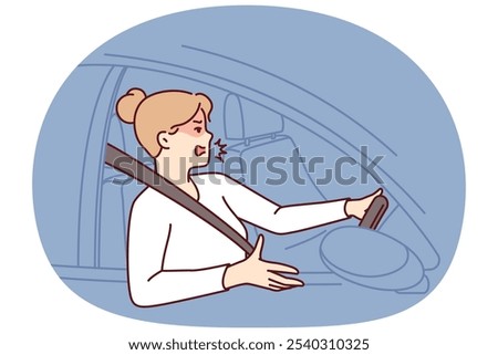 Woman driver got into traffic jam on road and swears feeling furious due to being late for work. Girl driving car during traffic jam on highway is angry at perpetrators of situation