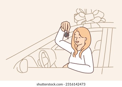 Woman driver with key to donated car sits behind wheel and brags about buying or getting loan on favorable terms. Girl in gift car with giant bow rejoices at successful purchase in dealership