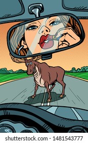 Woman driver looks in the mirror. wild animals on the road. Comic cartoon pop art retro vector illustration drawing