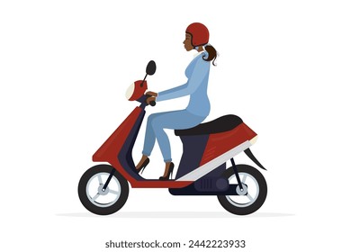 Eine Fahrerin auf einem modernen Motorrad. Die afroamerikanische Geschäftsfrau fährt Roller. Motorrad isoliert auf weißem Hintergrund. Cartoon Mädchen in Helm Motorrad Fahrzeug. Zweirad-Motorroller. Vektor