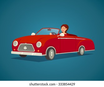 Woman driver with red cabriolet on blue background cartoon vector illustration 