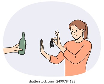 Woman driver refuses alcohol and holds car keys standing near human hand with bottle of beer. Concept of sobriety and awareness of driver who does not want to drive after drinking alcohol