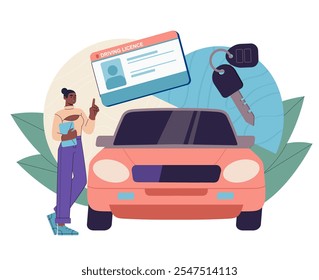 Mulher com carteira de motorista. Menina com documento e chaves perto do carro e automóvel. Autorização para conduzir. Cartão de identificação. Ilustração de vetor plano isolada no plano de fundo branco