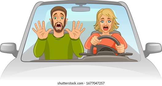 Woman drives car and scared man