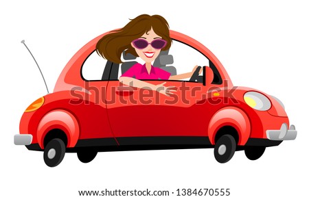 Woman drives in new red car. Happy woman in new red car. A beautiful girl bought a new car and drives it.