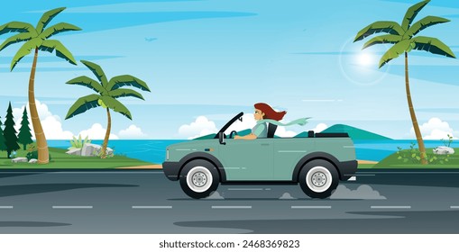 A woman drives a relaxed car amidst the breeze and the smell of the sea.