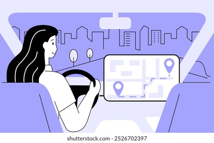 Mulher percorre a cidade enquanto segue a navegação no mapa digital durante o dia. Ilustração de vetor plano.