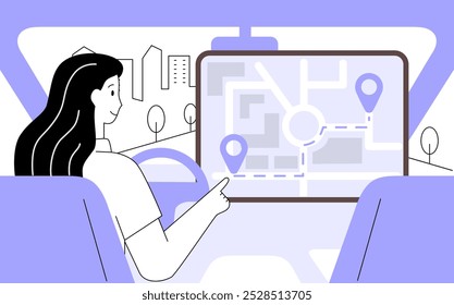 Woman drives through city while following navigation on digital map during daytime. Flat vector illustration.