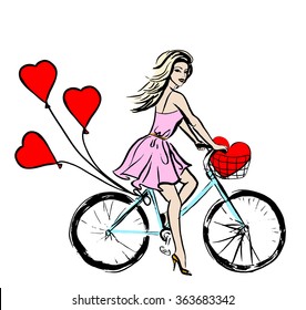 Woman driving bike with balloons in shape of hearts. Hand drawing sketch for Valentines day design