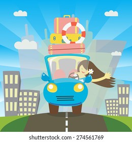 Woman driving blue car from city for holiday.