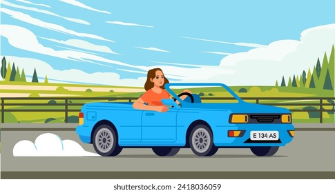 Woman driving cabriolet car on road across along nature hills meadow landscape female
