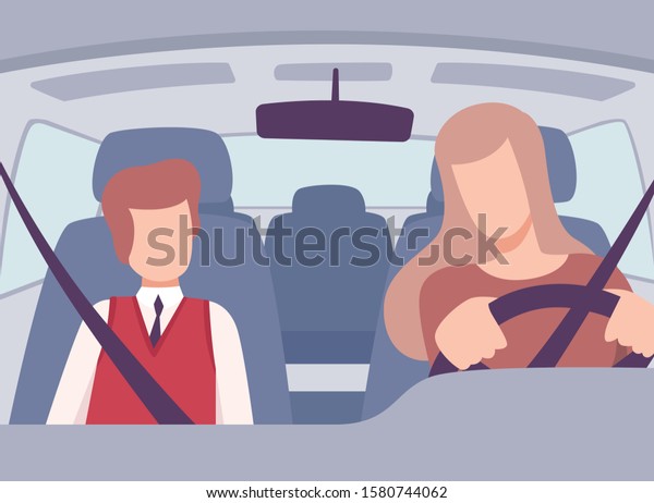 車を運転する女性 乗客用椅子に座る少年 内側から正面図 ハンドルのベクターイラストに手を置く女性の運転者キャラクター のベクター画像素材 ロイヤリティフリー