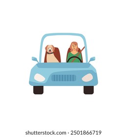 Woman driving a car with a dog in the passenger seat. Vector illustration of travel with a pet, showing a happy dog and a smiling woman. Ideal for pet travel themes.