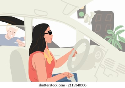 Ilustración vectorial plana de la mujer que conduce un coche. Concepto de conflicto de viaje por carretera. Viajando. Hembra en cabalgatas con compras.  Mujer elegante en el automóvil.