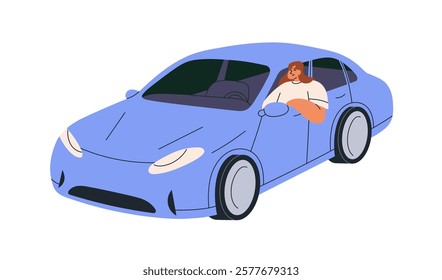 Woman driving car. Happy female driver enjoying road trip, journey, looking outside through open window. Girl in auto transport, vehicle. Flat vector illustration isolated on white background