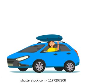 Woman driving Car with Luggage trunks suitcase on top. Travel or relocation, migration, trip concept. Vector illustration in cartoon style.