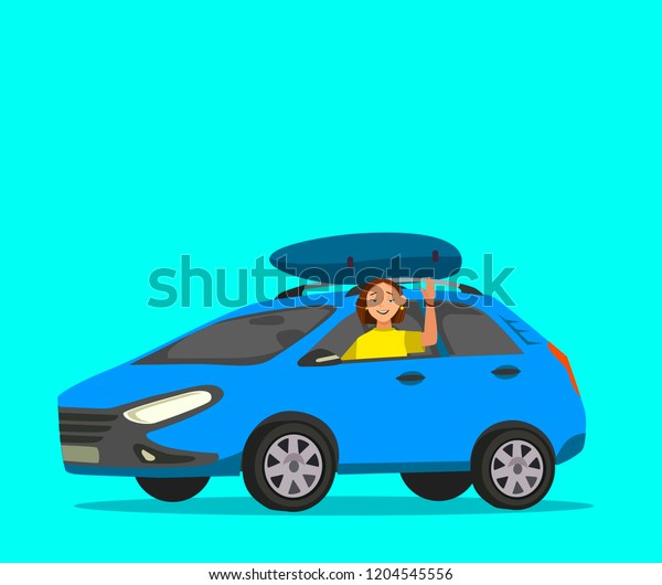 Woman driving Car with Luggage trunks suitcase on\
top. Travel or relocation, migration, trip concept. Vector\
illustration in cartoon\
style.