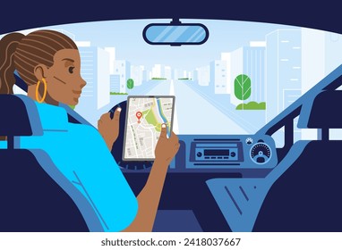 Woman driving a car on the city road dashboard interior view seen map on tablet female girl