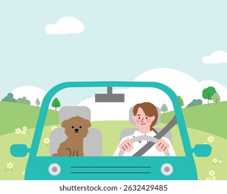 Woman Driving in Car with Poodle on a Sunny Day