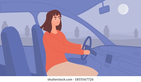 Woman driving car. Road trip concept. Car travelling, vacation, journey. Night landscape outside the window. Girl in glasses character in automobile. Cartoon flat vector illustration