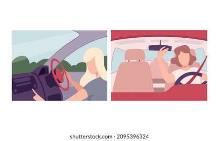 Woman Driving Car Sitting at Driver Seat of Motor Vehicle Holding Hands on Steering Wheel Inside View Vector Set