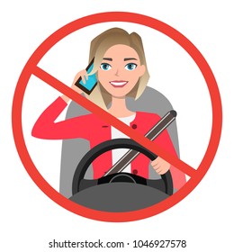 woman driving a car talking on the phone. sign stop danger