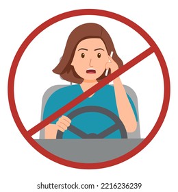 Woman driving car talking on phone inside red stop sign in flat design on white background.