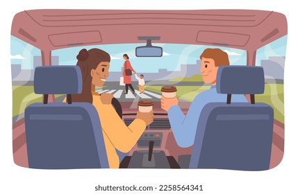 Las mujeres que conducen el coche y hablan con los pasajeros, no miren la carretera. Conductor peligroso y descuidado bebiendo café detrás del volante. Vector de estilo plano