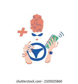 Woman Driving car and talking phone.Teaching driver.Vector hand drawn flat style.Poster for web, print. Funny minimalist style.isolated sticker.School drive safely
