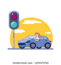 woman driving cart with traffic light