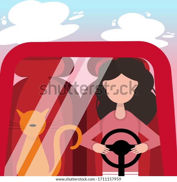 woman driving, cat\
in car, flat\
illustration