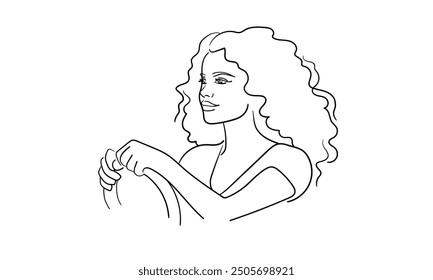 Woman driving continuous line art drawing isolated on white background. Vector illustration