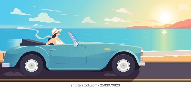 Mujer conduciendo convertible junto al mar al atardecer. Ilustración vectorial