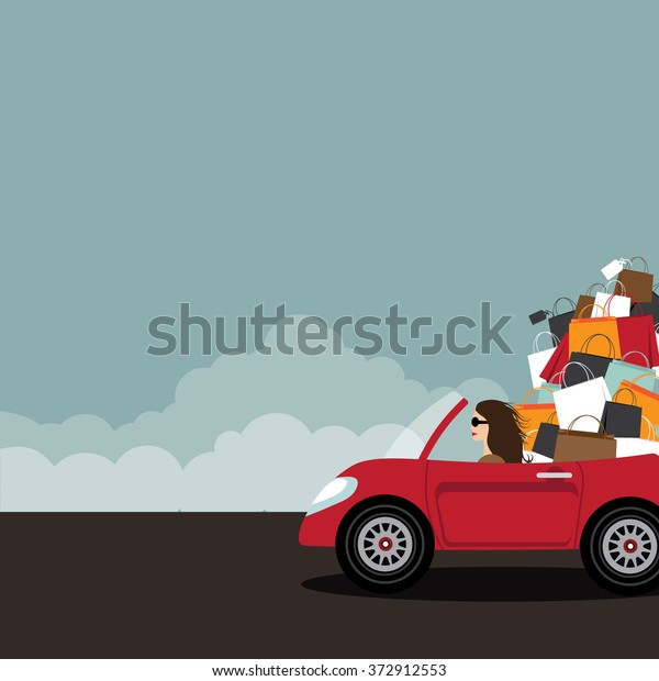 Woman driving convertible overloaded with\
shopping bags. With copy space. EPS 10\
vector.
