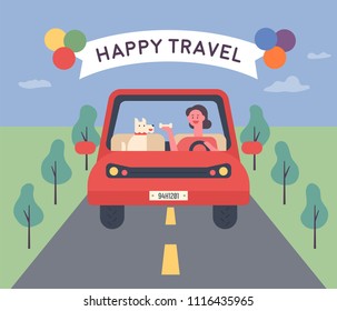 The woman is driving with the dog. Card concept flat design style vector graphic illustration set