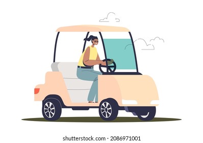 Woman driving electric golf car. Female player of golf sport game in vehicle. Outdoor athlete activity and summer sport concept. Cartoon flat vector illustration