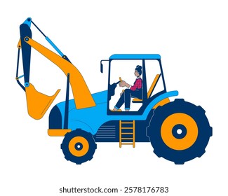 Woman driving excavator cartoon flat illustration. Construction worker. Heavy machinery. Black female in overalls operating tractor 2D character isolated on white background. Vector colorful image