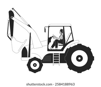 Woman driving excavator linear illustration. Construction worker. Heavy machinery. Black female in overalls operating tractor 2D line character isolated on white. Monochrome vector outline image