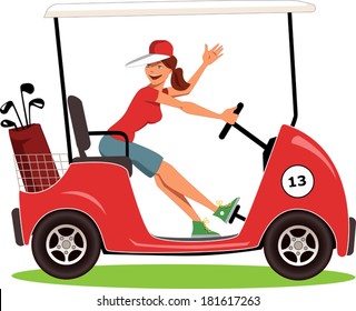 Woman driving a golf cart isolated on white, vector illustration