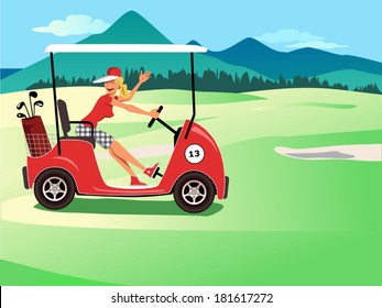 Woman driving a golf cart, smiling and waving, beautiful golf course landscape on the background 