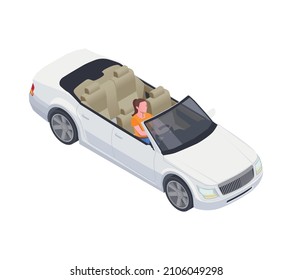 Woman driving luxurious white open top car 3d isometric vector illustration