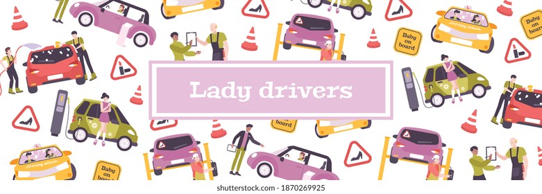 Woman driving pattern composition with flat images of cars with female drivers road signs and text vector illustration