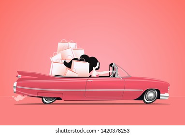 Woman driving a pink cabriolet car with shopping bags at backseats. Happy girl at shopping. Cartoon styled vector illustration.