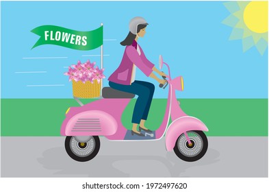 Woman driving pink scooter, flowers and flag with text flowers. Vector illustration.