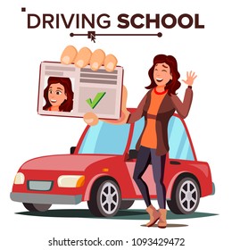 Woman In Driving School Vector. Training Car. Successful Pass Exam. Driving License. Isolated Flat Illustration
