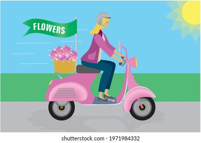 Woman driving scooter, basket with flowers. Vector illustration.