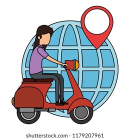 woman driving scooter and planet
