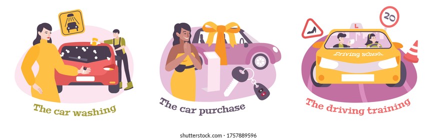 Woman driving set of three compositions with flat human characters road signs text and car images vector illustration