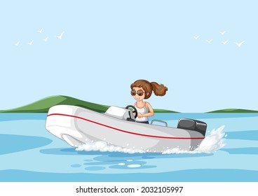 A woman driving speedboat in the river scene illustration